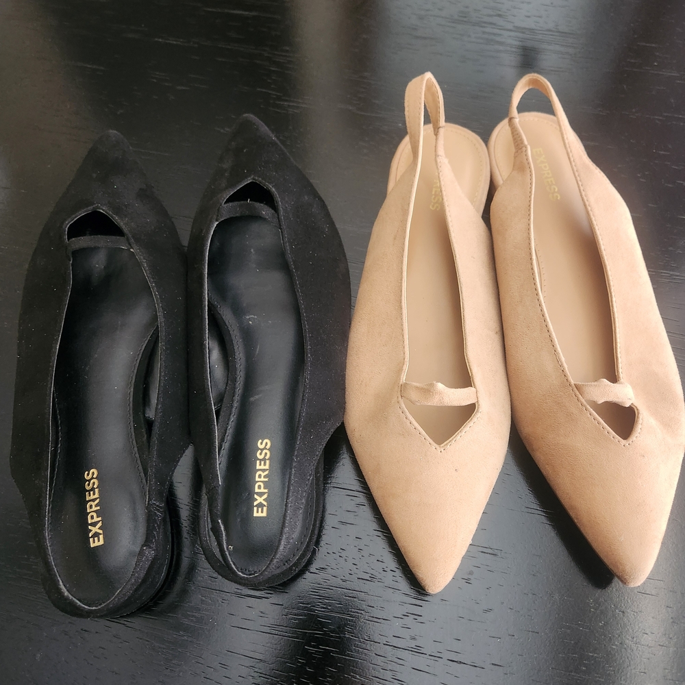 Express Two-Pair Pointed Slingback Flats in Black and Tan